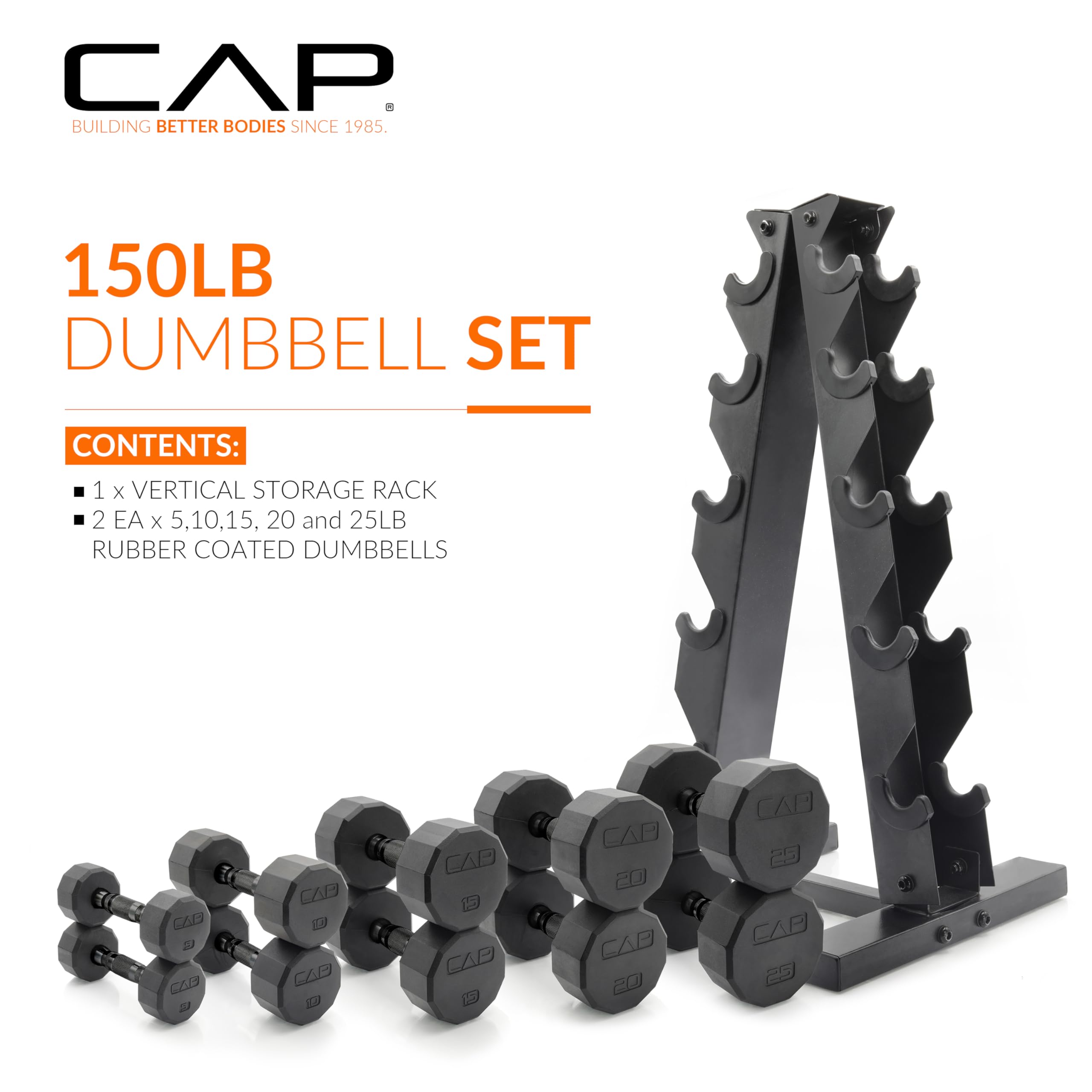 CAP Barbell Rubber Coated Dumbbell Weight Set with Vertical Rack
