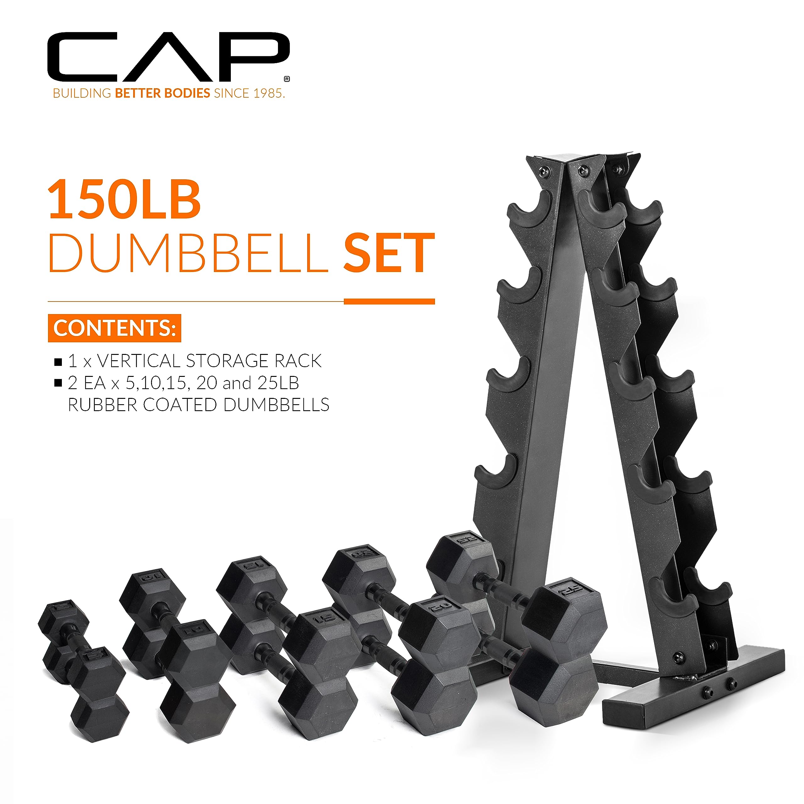 CAP Barbell Rubber Coated Dumbbell Weight Set with Vertical Rack