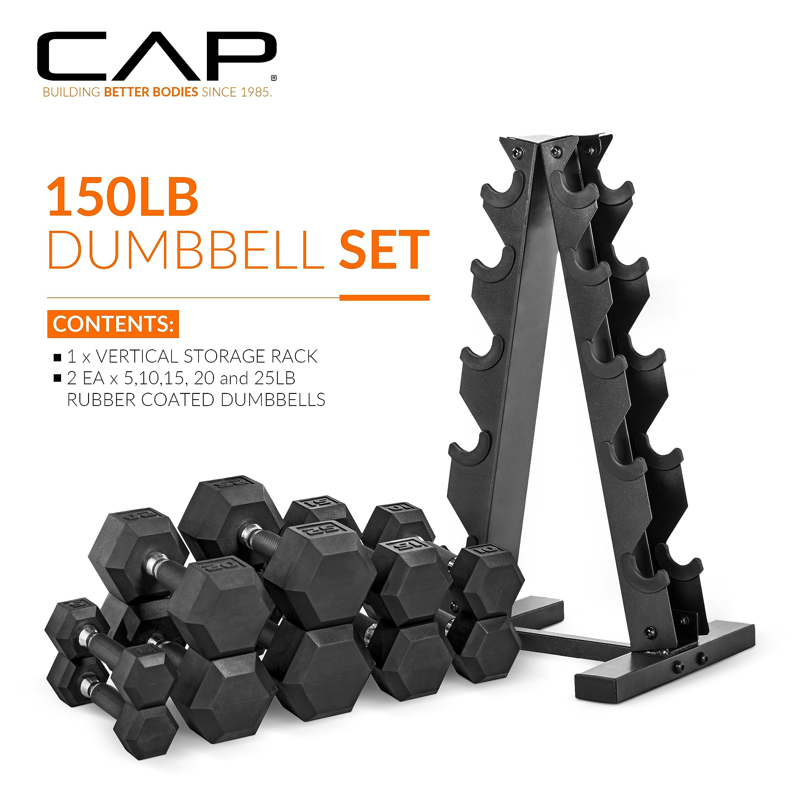 CAP Barbell Rubber Coated Dumbbell Weight Set with Vertical Rack