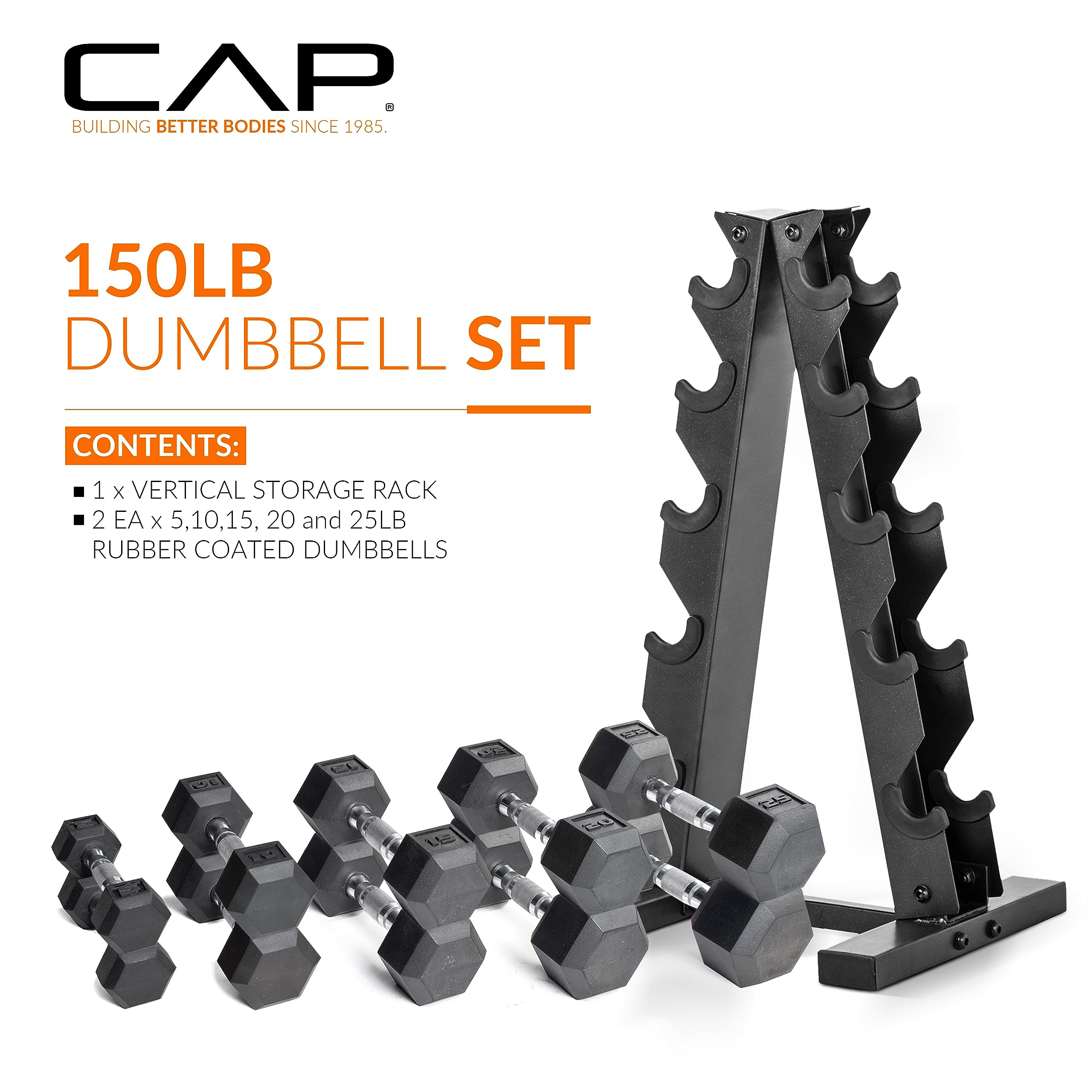 CAP Barbell Rubber Coated Dumbbell Weight Set with Vertical Rack