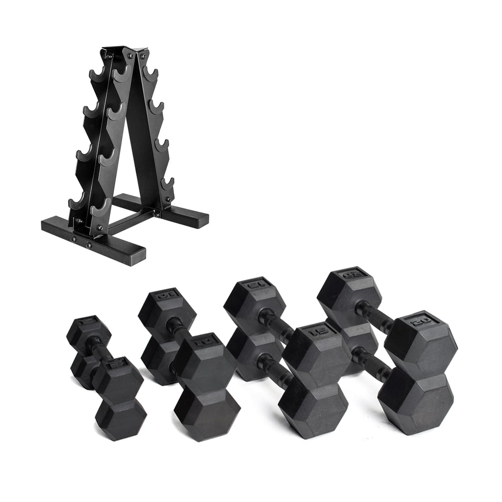 CAP Barbell Rubber Coated Dumbbell Weight Set with Vertical Rack