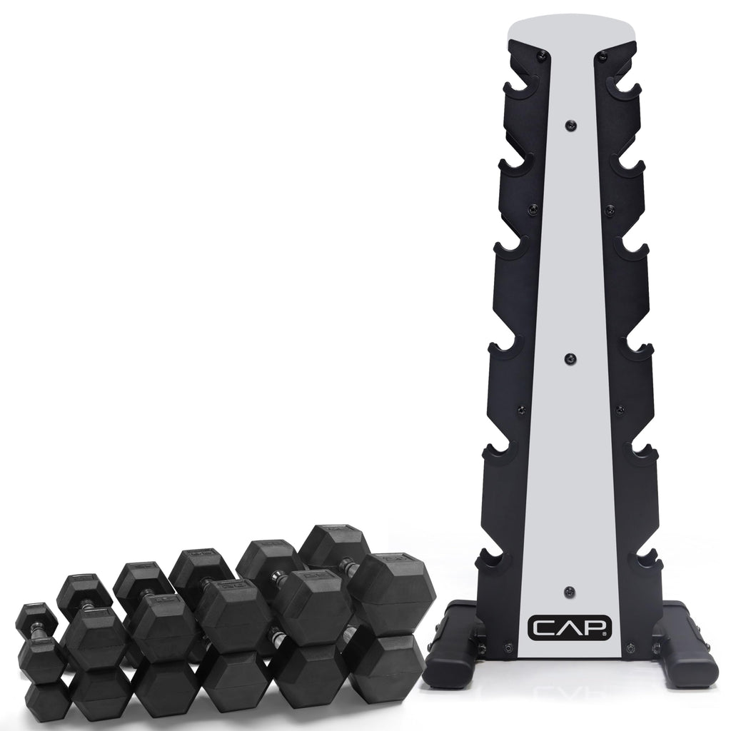 CAP Barbell Rubber Coated Dumbbell Weight Set with Vertical Rack