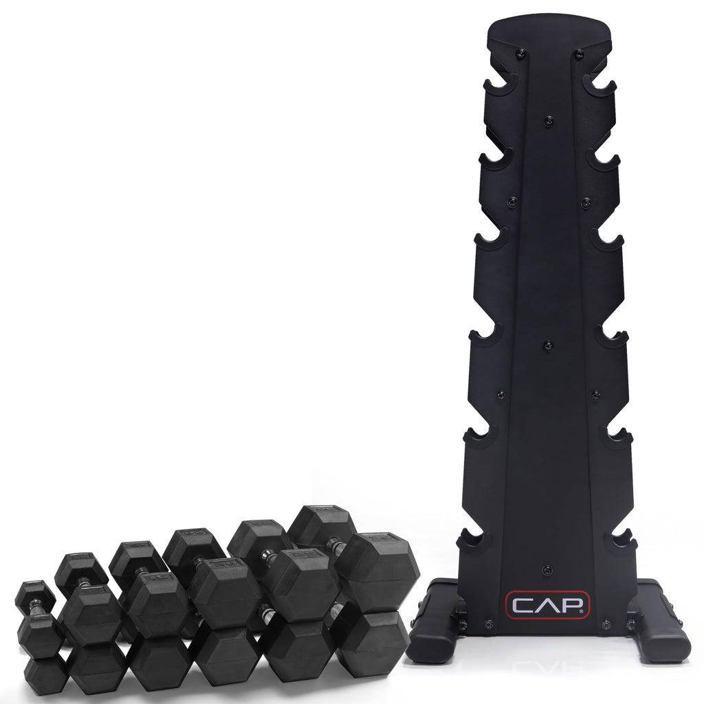 CAP Barbell Rubber Coated Dumbbell Weight Set with Vertical Rack