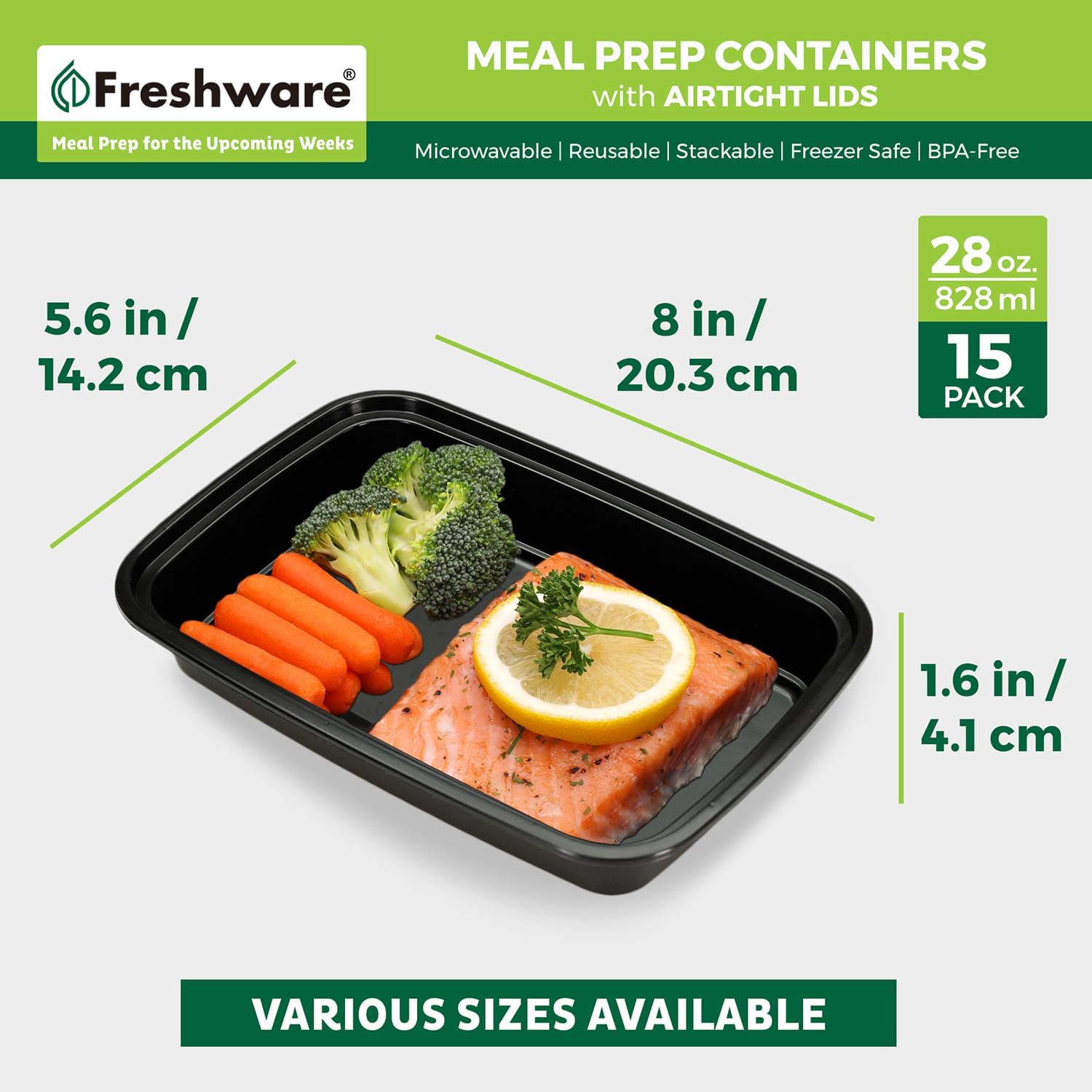 Freshware Meal Prep Containers [15 Pack] 1 Compartment Food Storage Containers with Lids