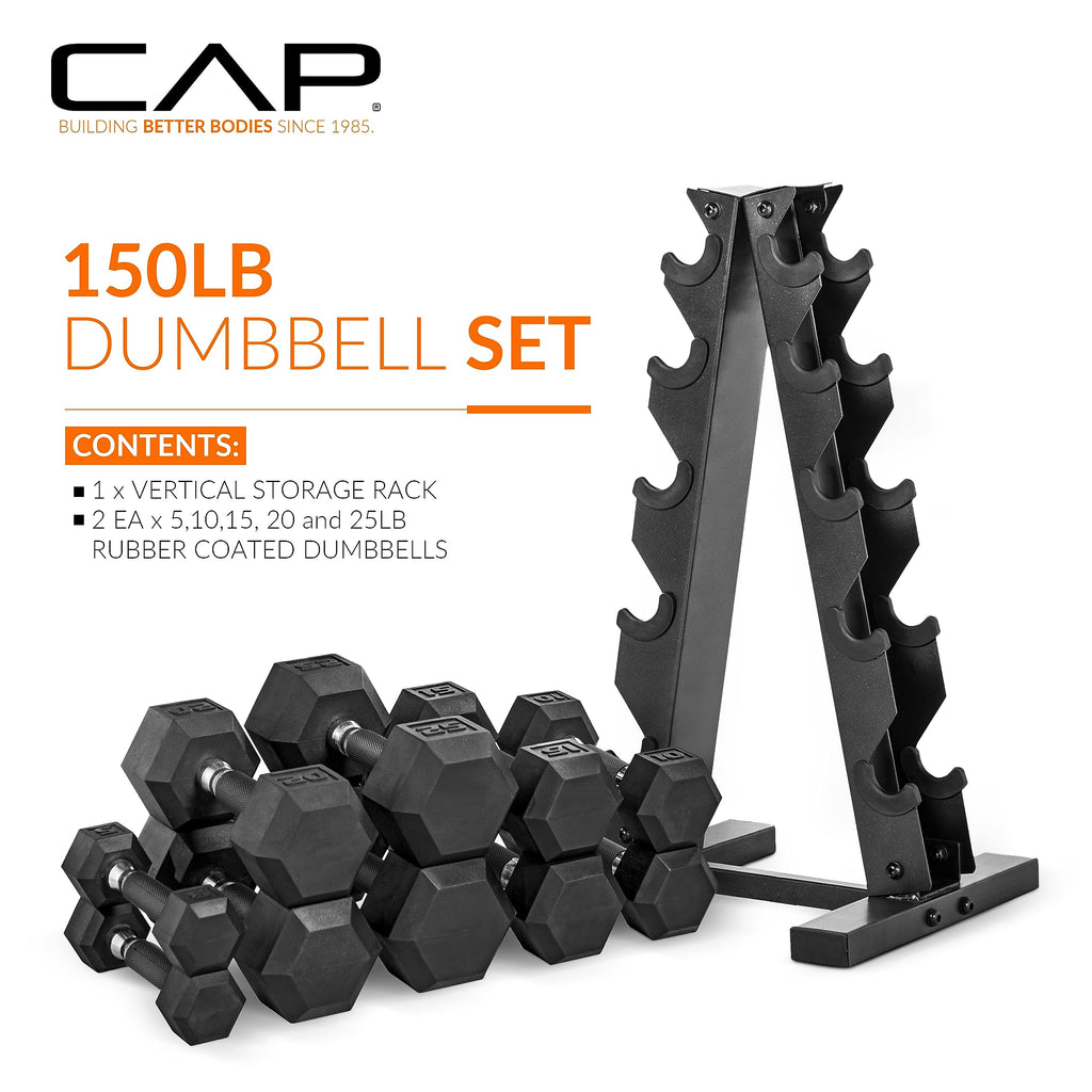 CAP Barbell Rubber Coated Dumbbell Weight Set with Vertical Rack