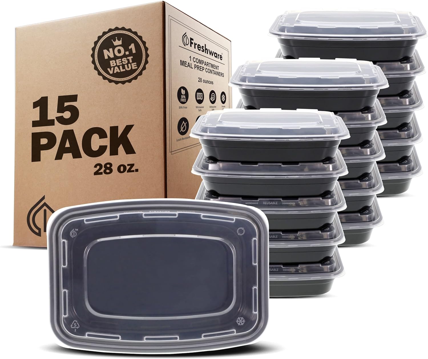 Freshware Meal Prep Containers [15 Pack] 1 Compartment Food Storage Containers with Lids
