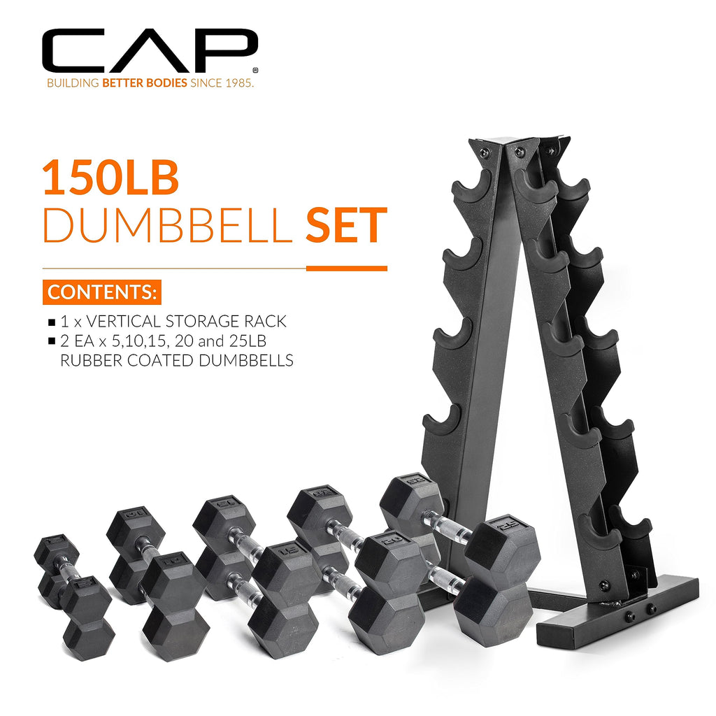 CAP Barbell Rubber Coated Dumbbell Weight Set with Vertical Rack
